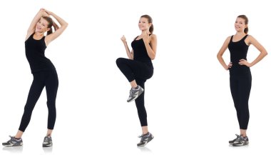 Beyazlar üzerinde izole edilmiş egzersizler yapan genç kadın. 