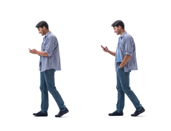 Jonge student met smartphone geïsoleerd op wit — Stockfoto