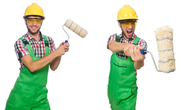 Pintor masculino com capacete isolado em branco — Fotografia de Stock