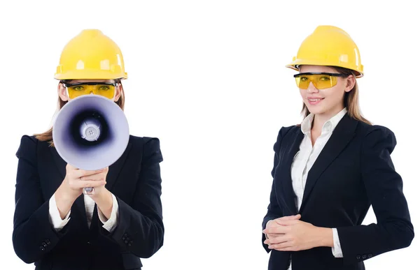 Constructeur féminin avec mégaphone isolé sur blanc — Photo