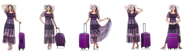 Fiatal nő bőrönddel elszigetelt fehér — Stock Fotó