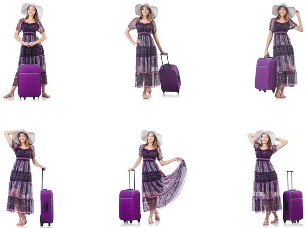 Giovane donna con valigia isolata su bianco — Foto Stock