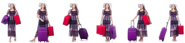 Young woman with suitcases isolated on white — Stock Photo, Image