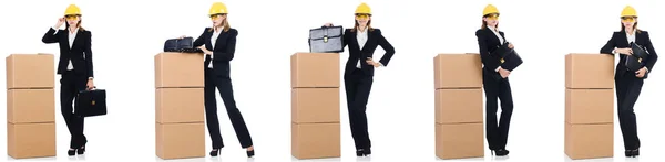 白色盒子隔离的女建筑工人 — 图库照片