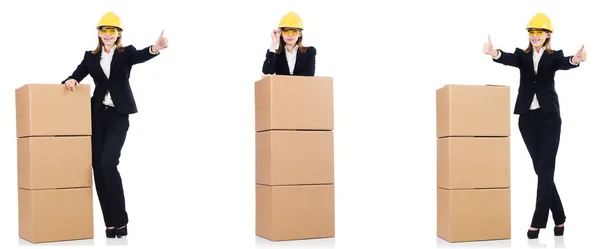 Woman builder with box isolated on white — Stock Photo, Image