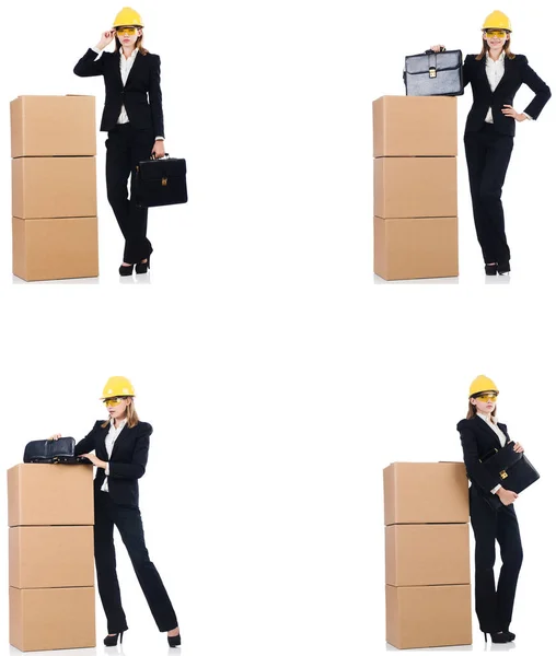 Femme constructeur avec boîte isolée sur blanc — Photo