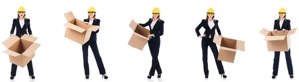 Costruttore donna con box isolato su bianco — Foto Stock