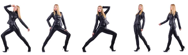 Dancing woman in black leather costume — Stock Photo, Image