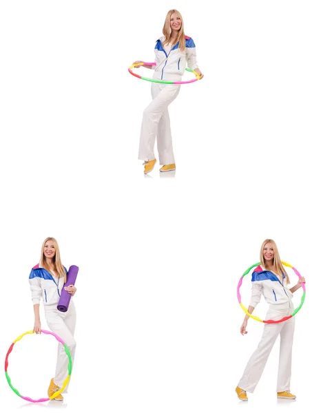 Krásná žena s hula hoop izolované na bílém — Stock fotografie