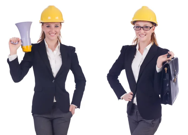 Constructeur féminin avec mégaphone isolé sur blanc — Photo