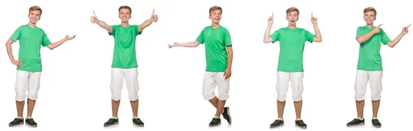 Jovem rapaz em t-shirt verde isolado em branco — Fotografia de Stock