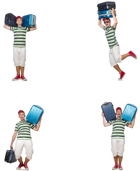 Young man with heavy suitcases isolated on white — Stock Photo, Image