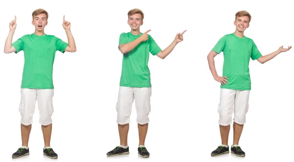 Kleiner Junge in grünem T-Shirt isoliert auf weißem Grund — Stockfoto