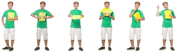 Jovem estudante com notas isoladas em branco — Fotografia de Stock