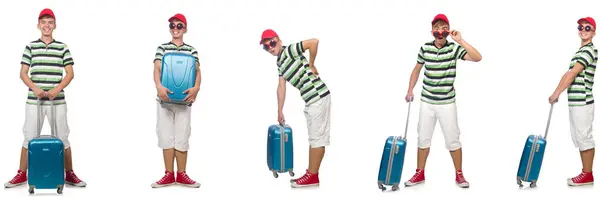 Ung man med resväska isolerad på vitt — Stockfoto