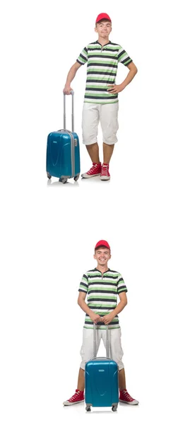 Jeune homme avec valise isolée sur blanc — Photo