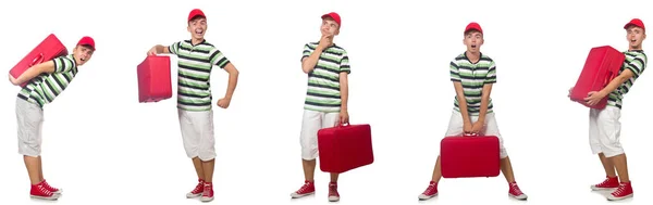 Jeune homme avec valise rouge isolé sur blanc — Photo