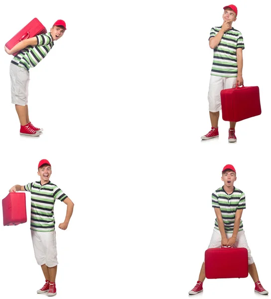 Fiatal férfi piros bőrönddel elszigetelt fehér — Stock Fotó