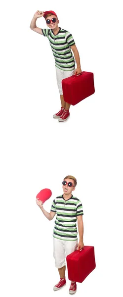 Jongeman met rode koffer geïsoleerd op wit — Stockfoto