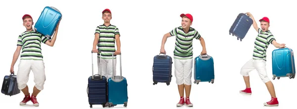 Young man with suitcase isolated on white — Stock Photo, Image