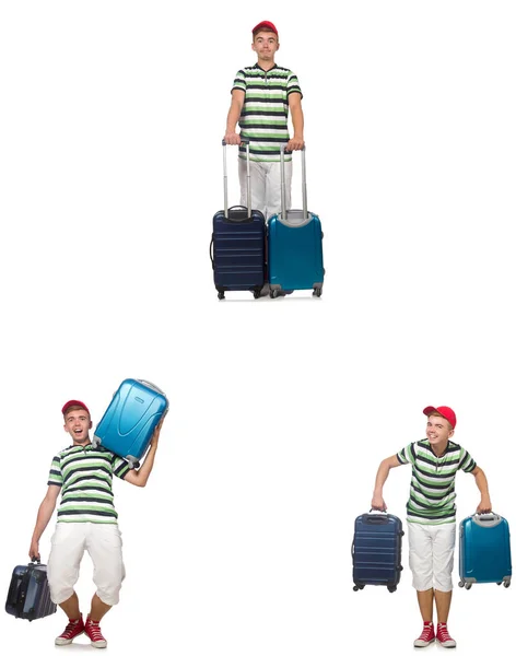 Young man with suitcase isolated on white — Stock Photo, Image