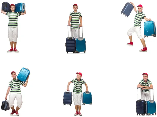 Young man with suitcase isolated on white — Stock Photo, Image