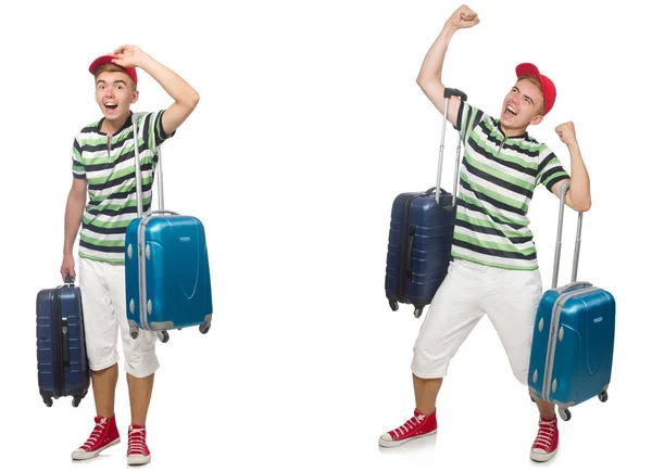 Young man with suitcase isolated on white — Stock Photo, Image