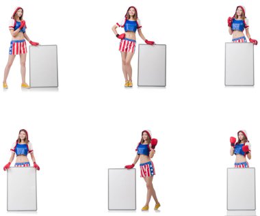 İle tahta üzerinde beyaz izole kadın boksör  