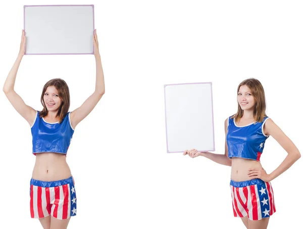 Young woman in boxing pants holding the board — Stock Photo, Image