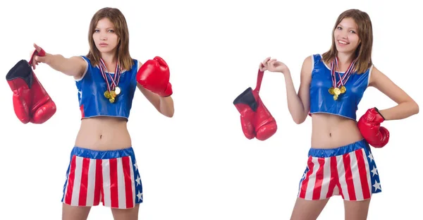 Młoda kobieta bokser z złoty medal na białym tle — Zdjęcie stockowe