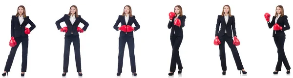 Empresária com luvas de boxe isolada em branco — Fotografia de Stock