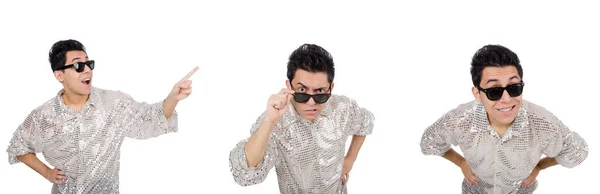 Hombre joven en camisa plateada aislado en blanco —  Fotos de Stock