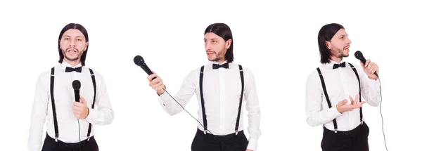 Lustiger Mann, der isoliert auf dem weißen singt — Stockfoto