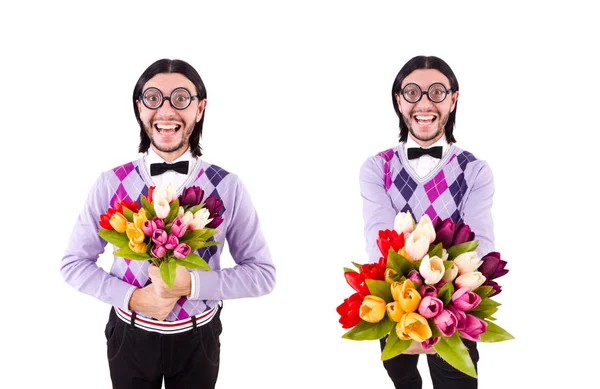 Man met tulpen geïsoleerd op wit — Stockfoto