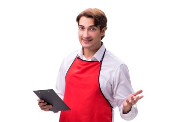 Genç garson beyaz arka planda izole edilmiş.