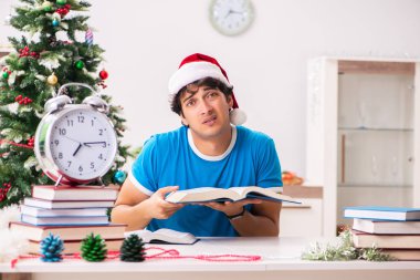 Noel arifesinde kitabı olan genç bir öğrenci. 