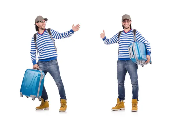 Ein Tourist mit Taschen auf weißem Grund — Stockfoto