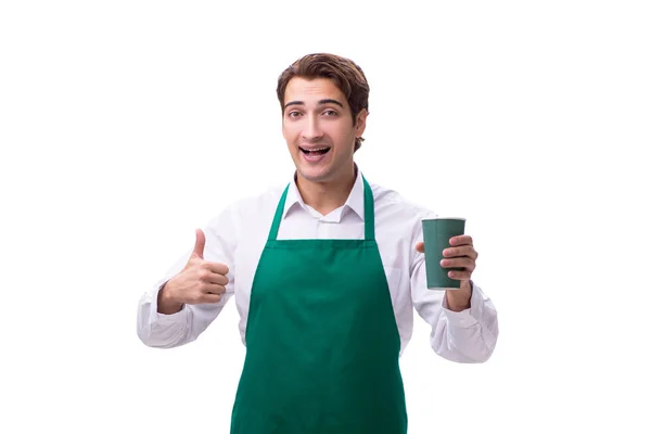 Jovem barista isolado no fundo branco — Fotografia de Stock