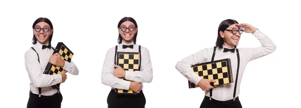 Funny man with chessboard isolated on white — Stock Photo, Image