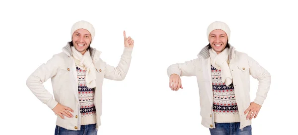 Νεαρός Άνδρας Στο Χειμωνιάτικα Ρούχα Που Απομονώνονται Λευκό — Φωτογραφία Αρχείου