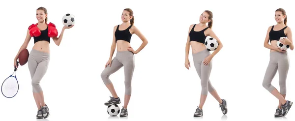Молода жінка з футболом, м'ячем для регбі, боксерськими рукавичками та тенісом — стокове фото