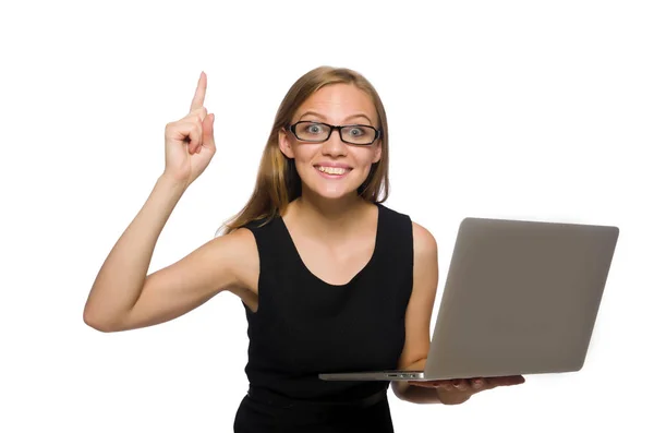 Kvinna med bärbar dator isolerad på vit — Stockfoto