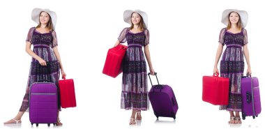 Bavul üzerinde beyaz izole olan kadın