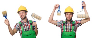 Beyaz izole kask ile erkek ressam 