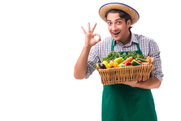 Jonge boer met verse producten geïsoleerd op witte achtergrond — Stockfoto