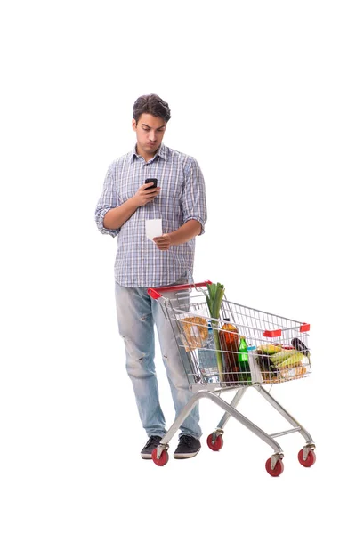 Young man with supermarket cart trolley on white — Stock Photo, Image