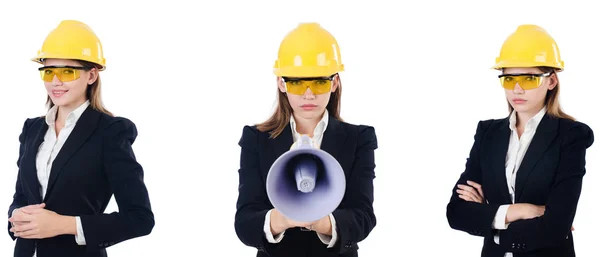 Construtora feminina com megafone isolado em branco — Fotografia de Stock