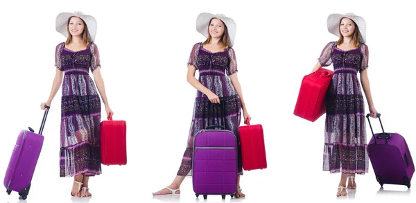 Junge Frau mit Koffern isoliert auf weiß — Stockfoto