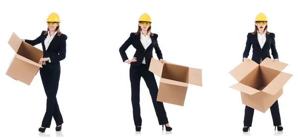 Kobieta budowniczy z pudełka izolowane na białym — Zdjęcie stockowe