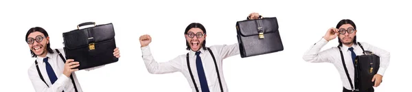 Joven empresario sosteniendo maletín aislado en blanco —  Fotos de Stock